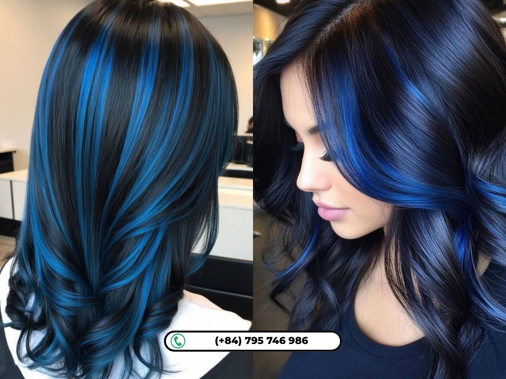 Bold blue highlights add striking contrast and instantly brighten classic black hair.