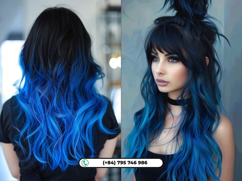 Soft blue ombre creates a smooth, modern transition from deep black roots.