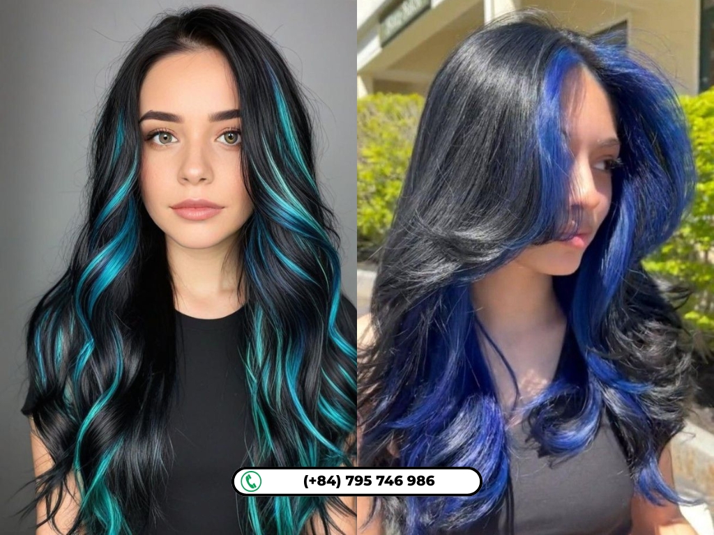 Hidden blue peekaboo highlights bring a playful surprise to jet black hair.