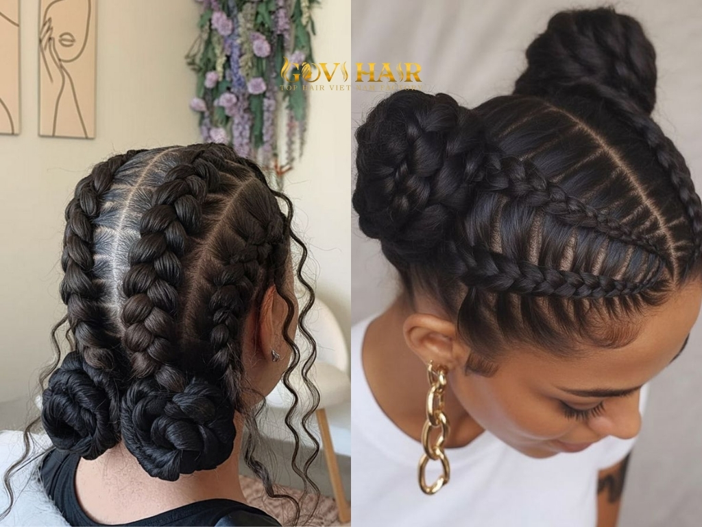 Dutch braids feed into a voluminous bun
