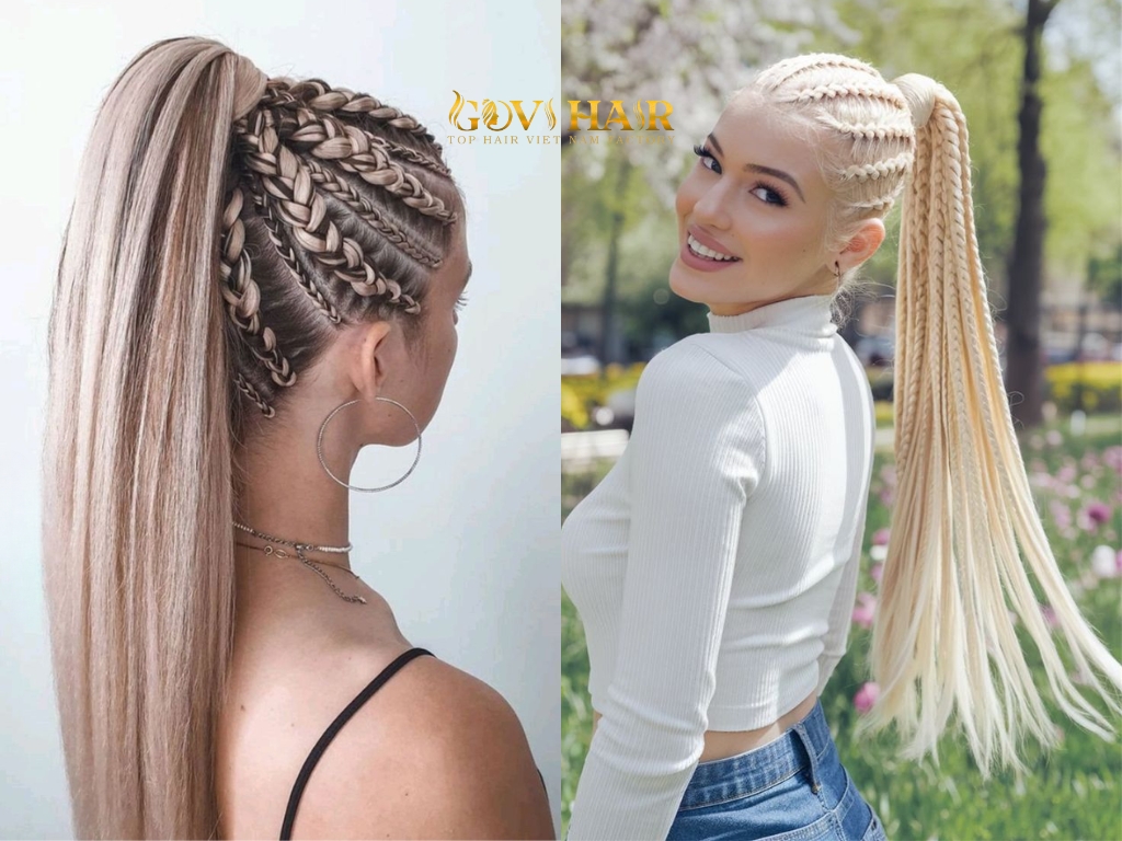 Multiple braids are combined into one voluminous ponytail