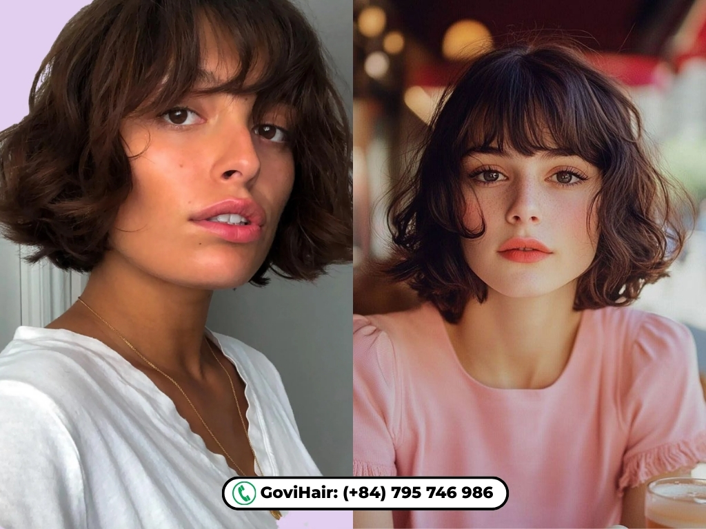 curly french bob with bangs