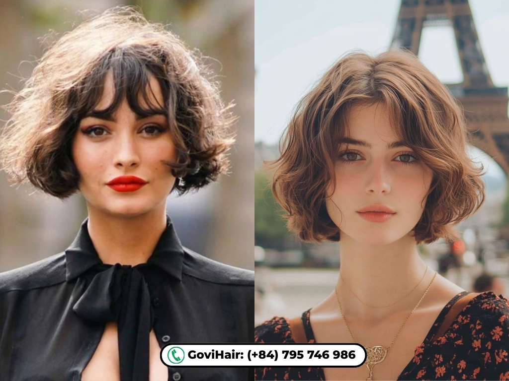 Short curly french bob with bangs