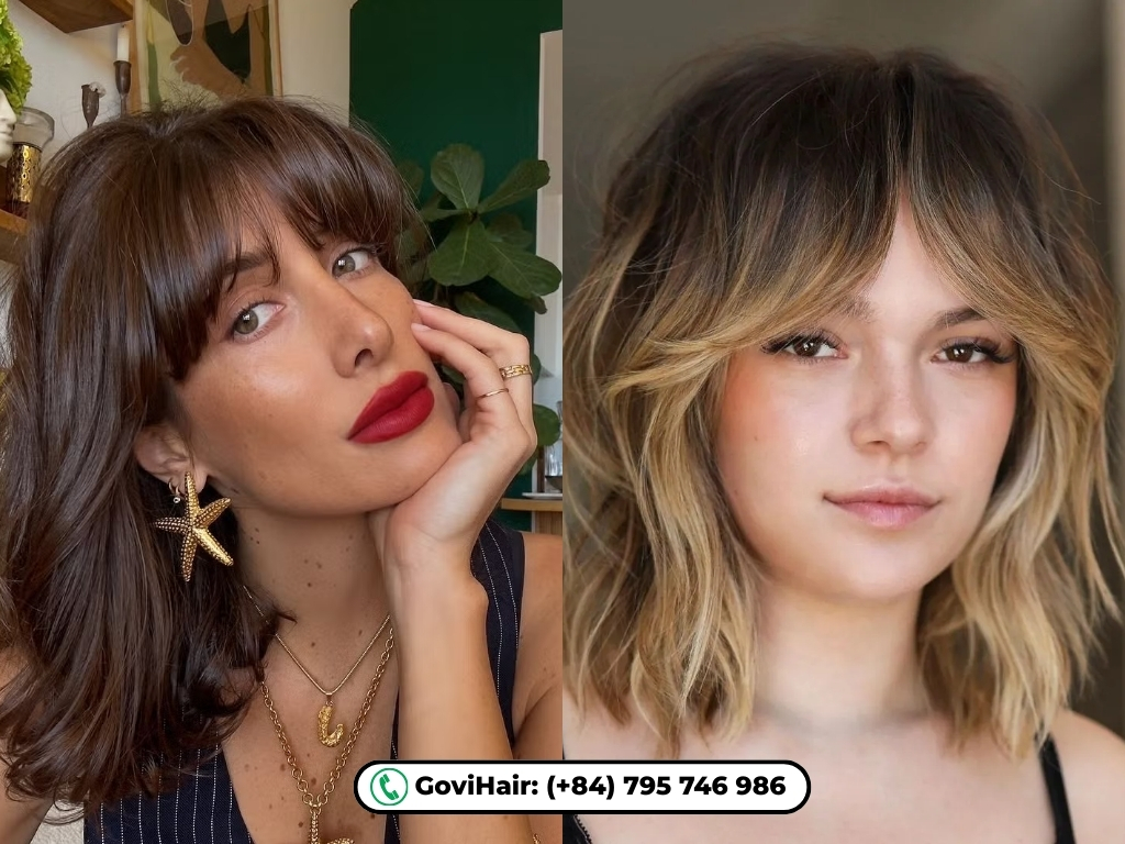 Shoulder length curly french bob with bangs