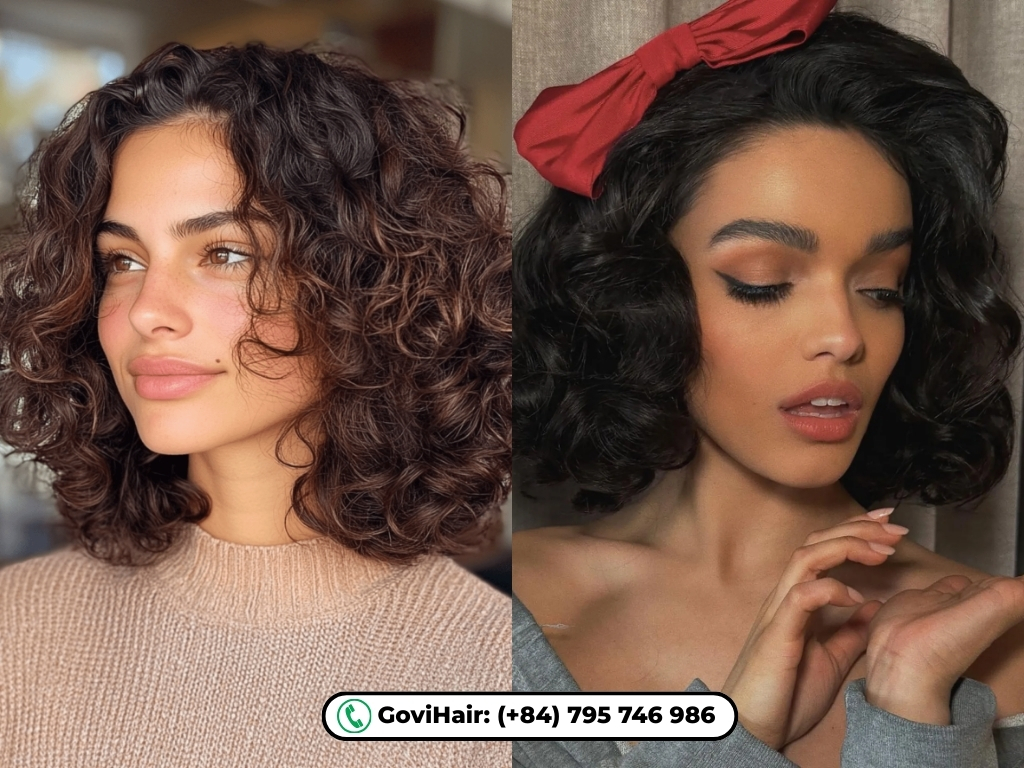 Shoulder length curly french bob with bangs