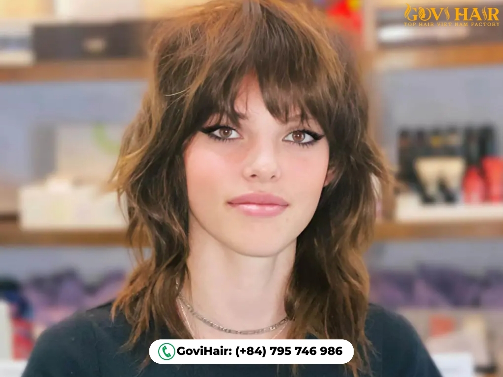 Messy wolf cut with arched, eyebrow-following bangs