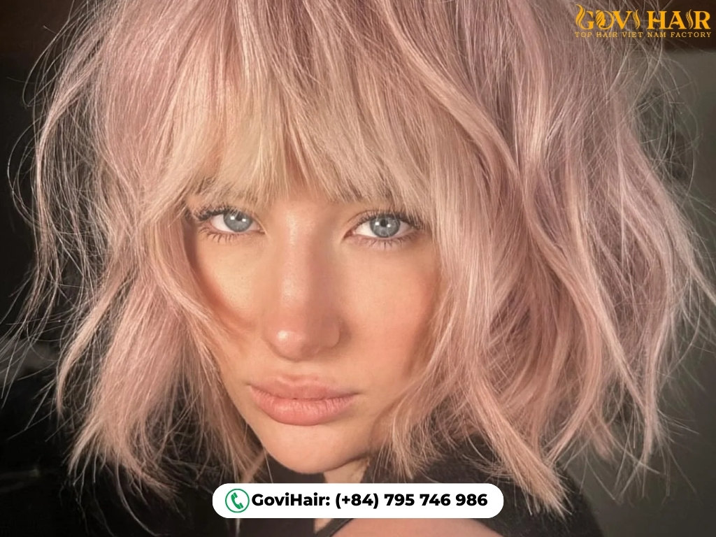 Pastel-colored wolf cut with asymmetrical, playful bangs