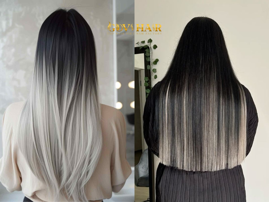 Platinum highlights on black straight hair