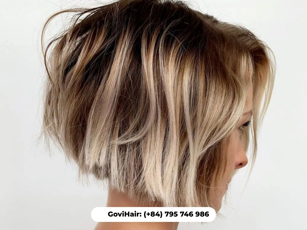 Rounded stacked bob with root fade