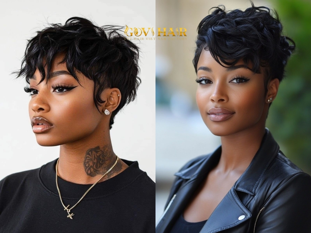 The choppy pixie weave uses textured layers to create a playful look