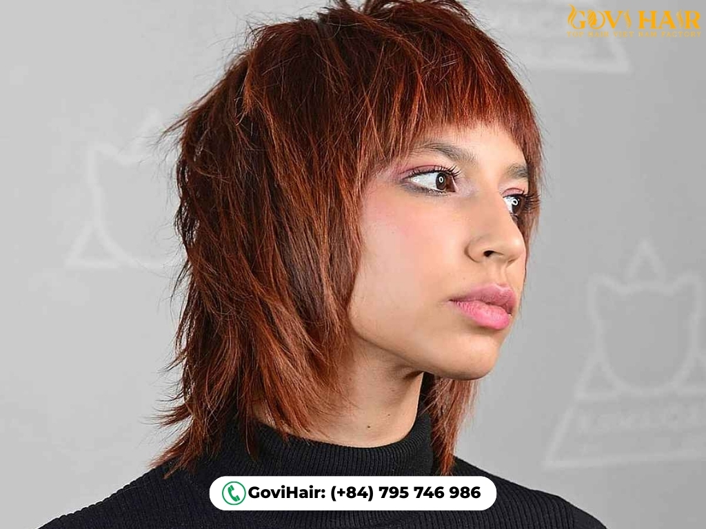 Short wolf cut with micro bangs, bold high-fashion style