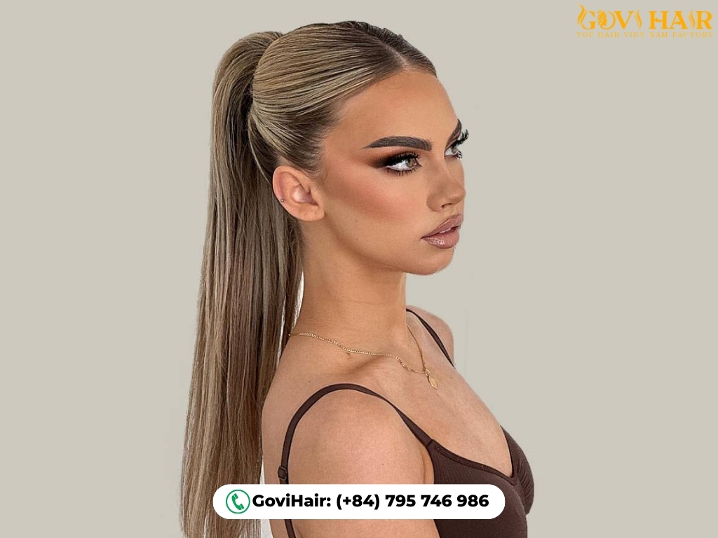 Sleek 90s long ponytail sharp middle part