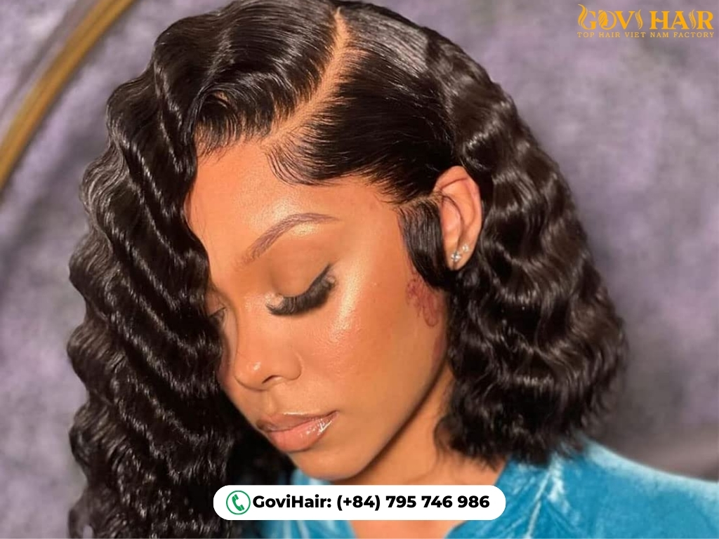 Sweeping fringe deep side bob weave