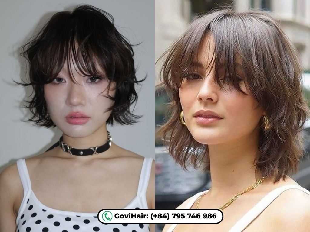 Long curly french bob with bangs