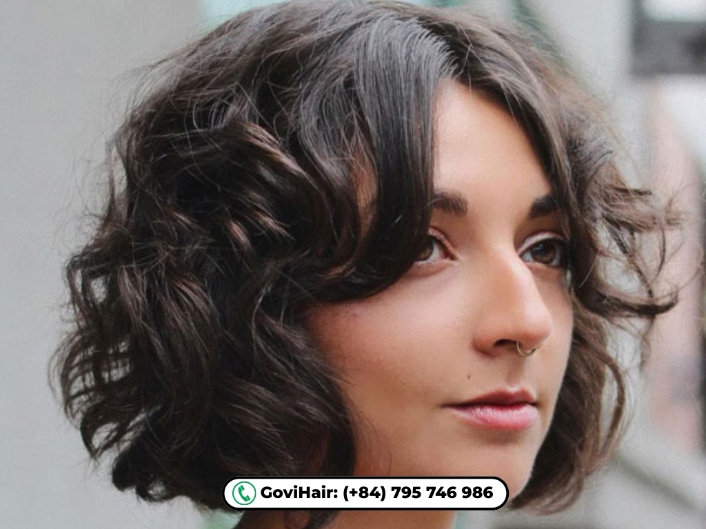 Long curly french bob with bangs