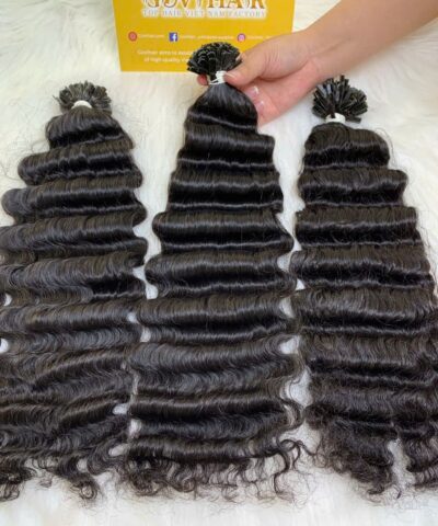20 Inch Deep Wave Natural Black Color V Tip Hair Extensions Pre Bonded