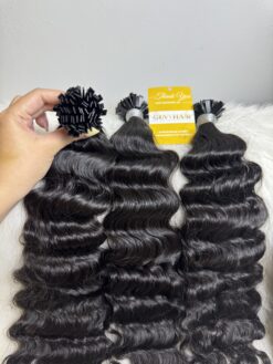 24 Inch Deep Wave Natural Black Color Flat Tip Hair Extensions Pre Bonded