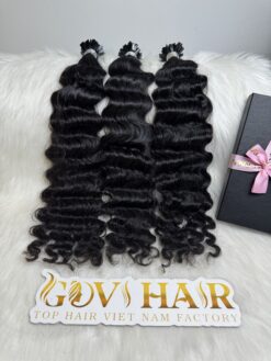 24 Inch Deep Wave Natural Black Color Flat Tip Hair Extensions Pre Bonded