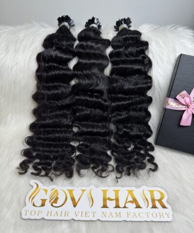 24 Inch Deep Wave Natural Black Color Flat Tip Hair Extensions Pre Bonded