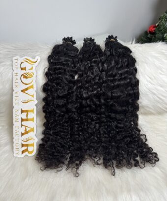 26 Inch Burmese Curly Natural Black Color V Tip Hair Extensions