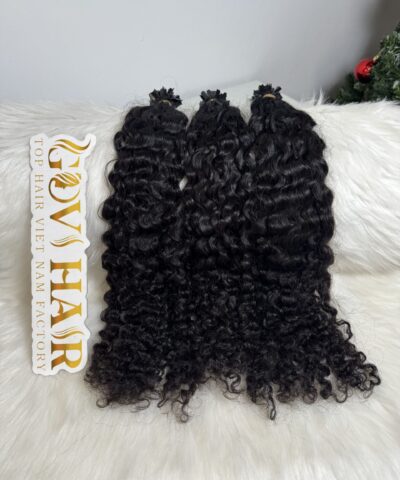 26 Inch Burmese Curly Natural Black Color V Tip Hair Extensions
