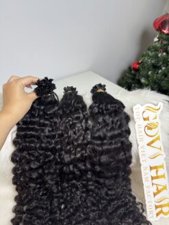26 Inch Burmese Curly Natural Black Color V Tip Hair Extensions