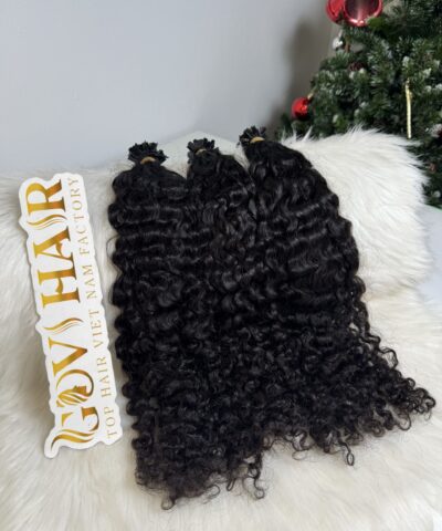 26 Inch Burmese Curly Natural Black Color V Tip Hair Extensions
