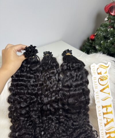 26 Inch Burmese Curly Natural Black Color V Tip Hair Extensions
