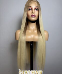 Straight Human Hair Closure Wig 7x7 HD Lace 28 Inch 180% Density Ombre Blonde Color