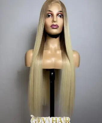 Straight Human Hair Closure Wig 7x7 HD Lace 28 Inch 180% Density Ombre Blonde Color