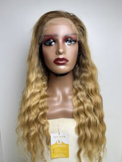 Natural Wavy Human Hair Closure Wig 6x6 HD Lace 26 Inch 250% Density Ombre Blonde Color