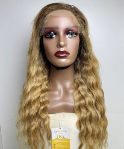 Natural Wavy Human Hair Closure Wig 6x6 HD Lace 26 Inch 250% Density Ombre Blonde Color