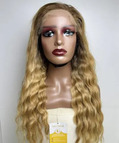 Natural Wavy Human Hair Closure Wig 6x6 HD Lace 26 Inch 250% Density Ombre Blonde Color