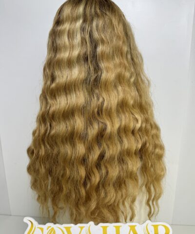 Natural Wavy Human Hair Closure Wig 6x6 HD Lace 26 Inch 250% Density Ombre Blonde Color 7 Natural Wavy Human Hair Closure Wig
