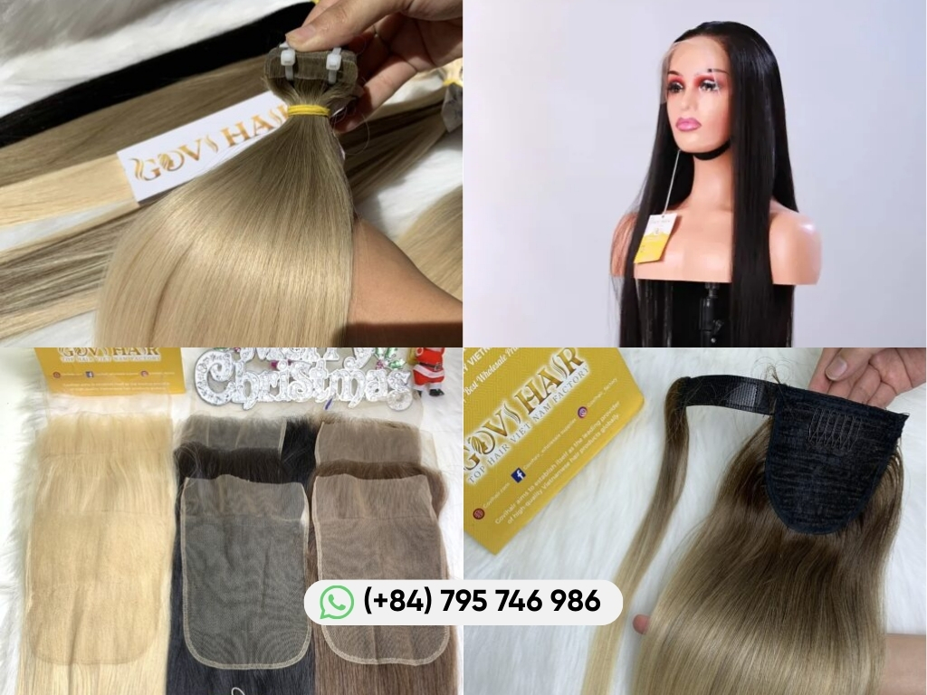 Different types hair extensions including tape-in hair, wigs, closures, and ponytail