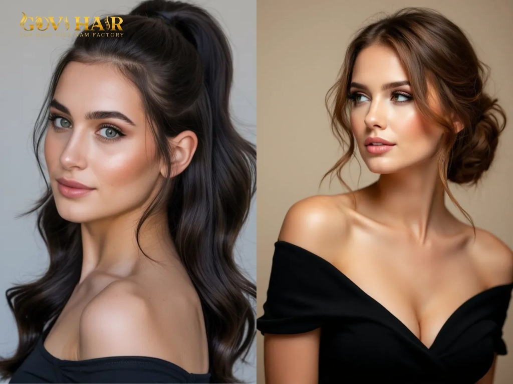 Half up half down and Elegant updo hairstyles on 42 inch hair