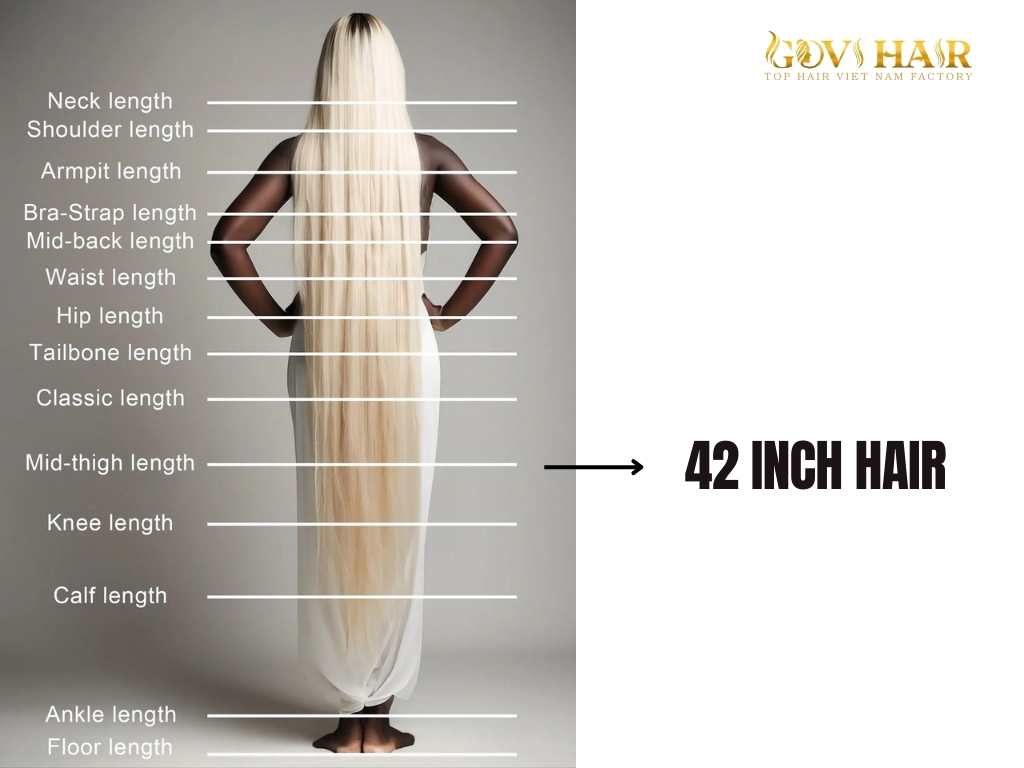 42 Inch hair falls beyond the waist and reaches knee level in real life