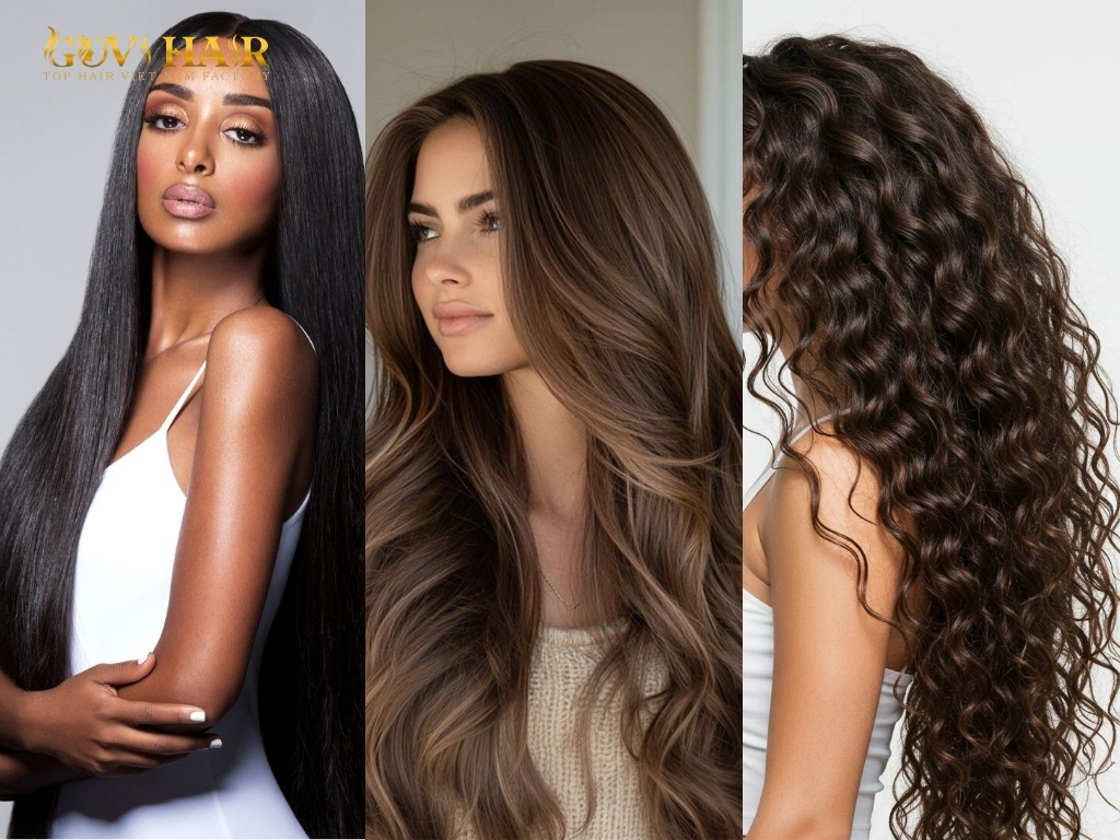 42 inch hair hairstyles shown in straight, wavy, and curly textures