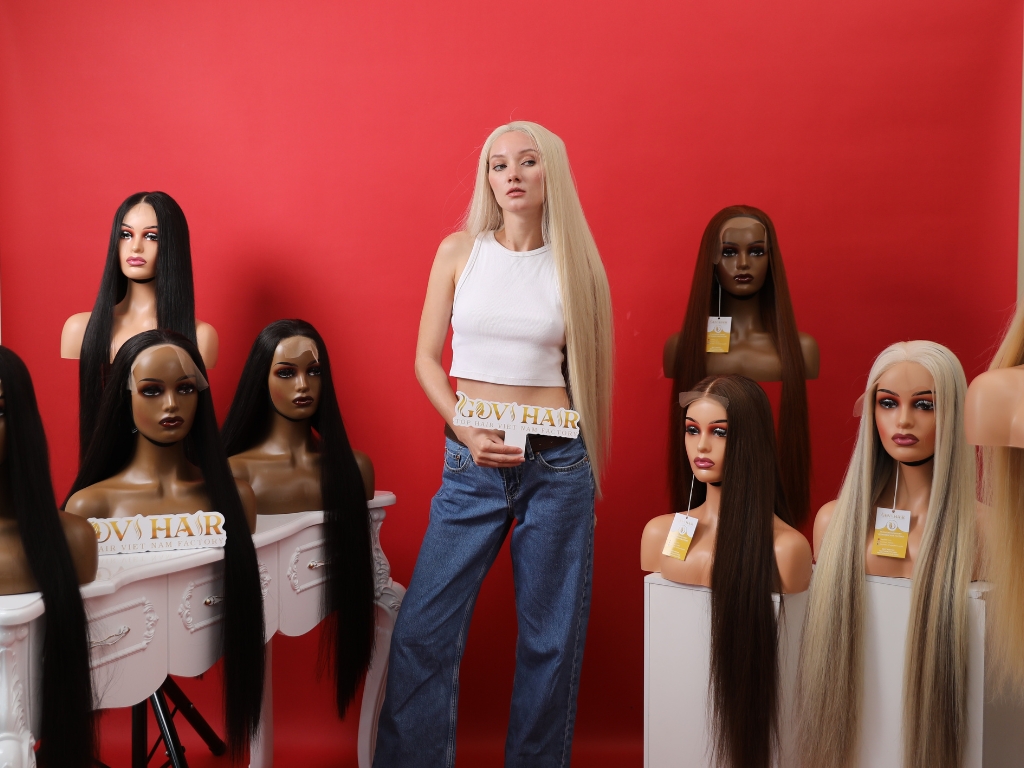 50 Inch Hair: How Long Is It & Is It Worth It? 11 50 inch hair wigs showroom displaying ultra-long human hair collection