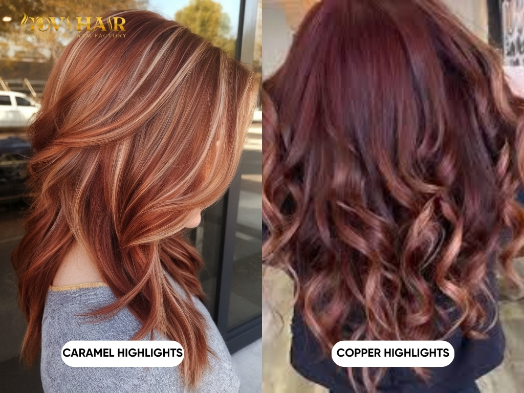 Auburn hair with caramel highlights and copper highlights adding warmth and natural sense of depth