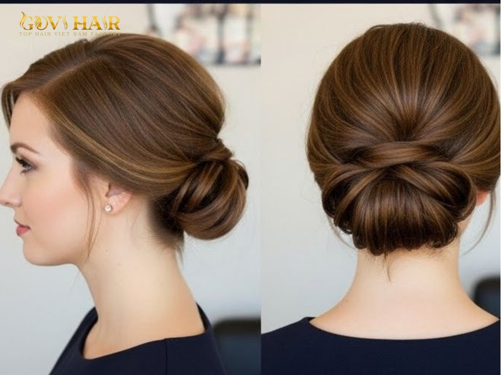 Braided low bun hairstyle viewed from the side, highlighting neck and jawline