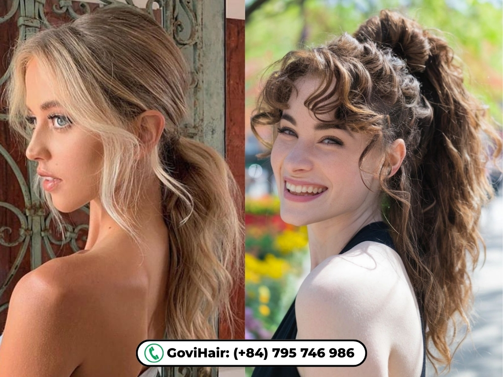 Curly ponytail with face framing pieces