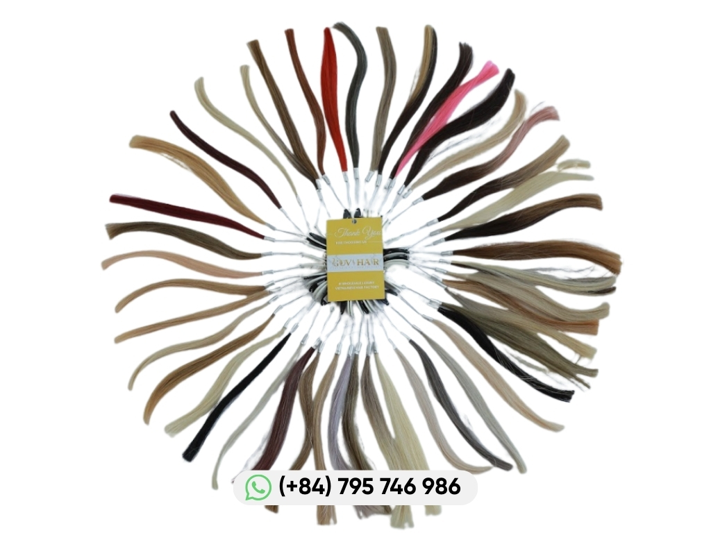 Govihair hair coloring swatch ring showing multiple natural and dyed hair shades for color selection