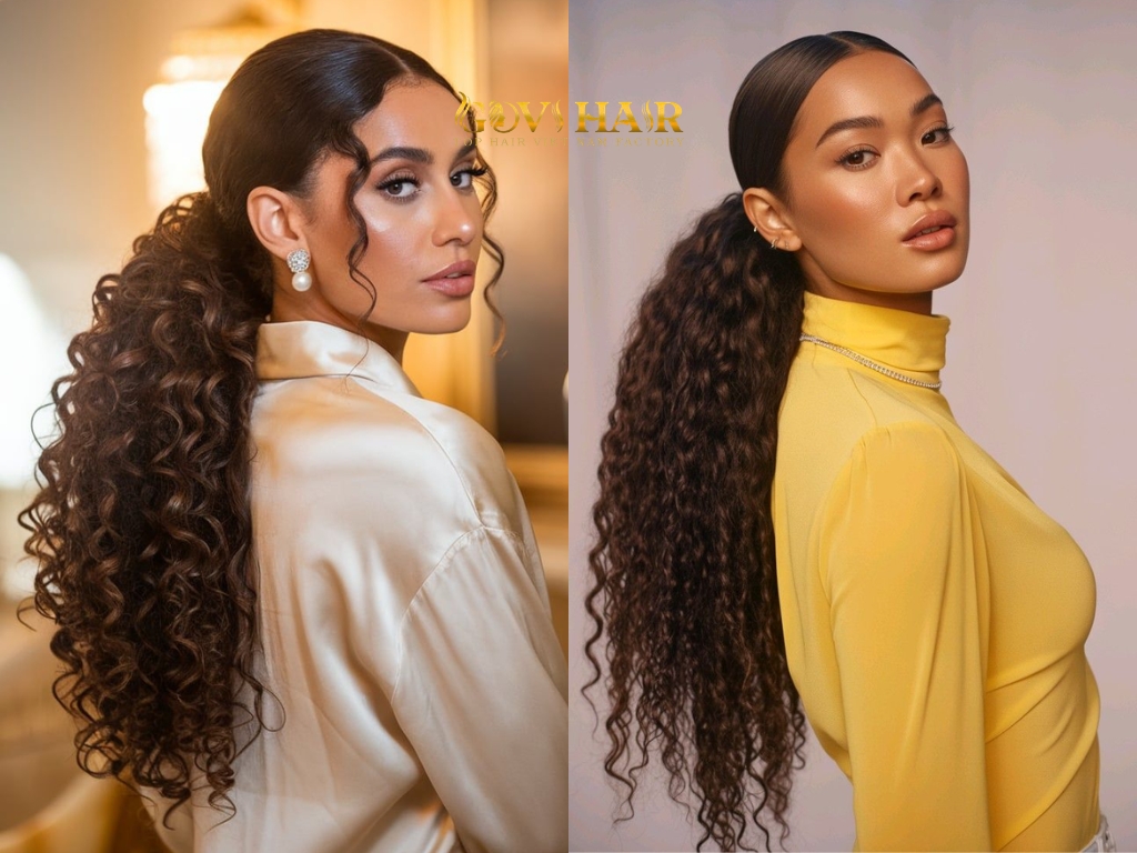 Low Sleek Curly Ponytail combines sleek roots with voluminous curls