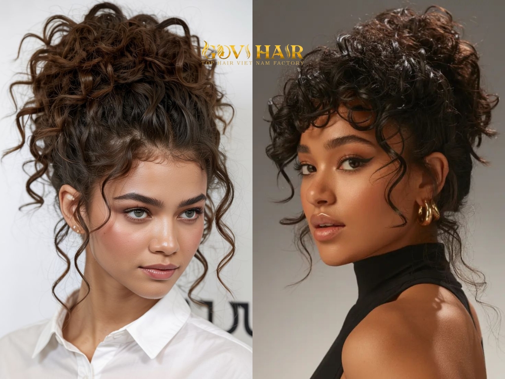 A curly topknot is both trendy and practical