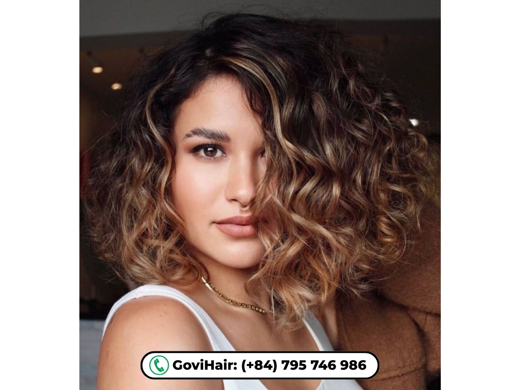 Curly lob with side part