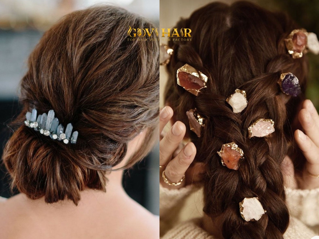 Crystals and gemstones bring a spiritual element to hippie hairstyles