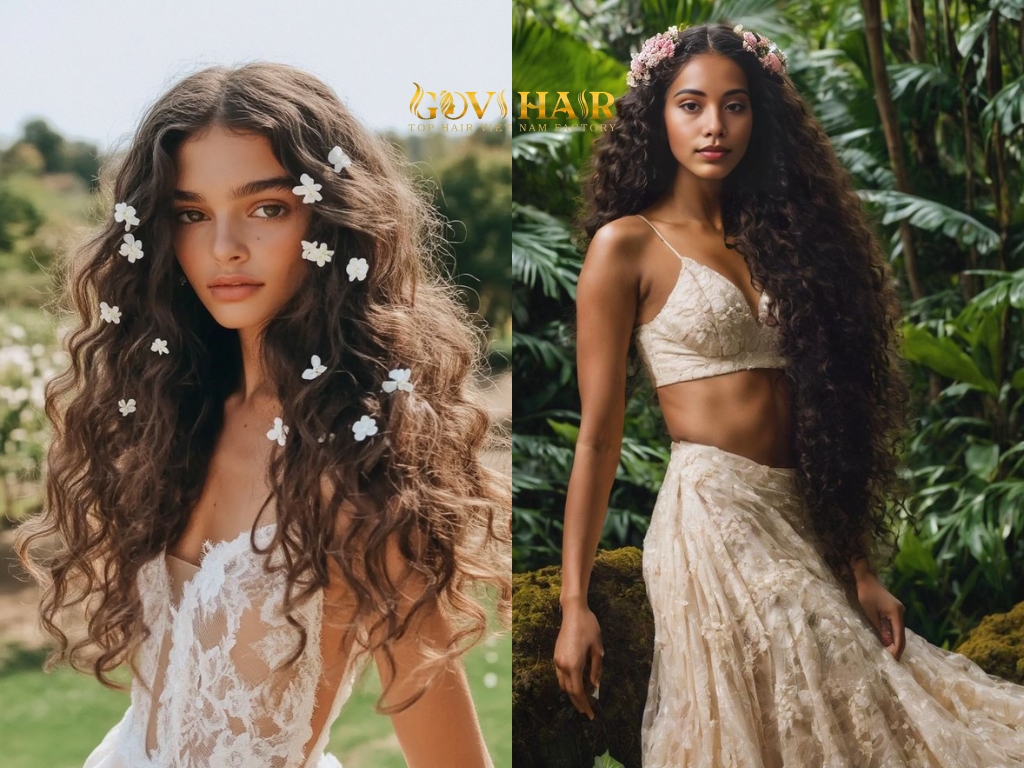 Flowers woven into classic French braids create a soft hairstyle