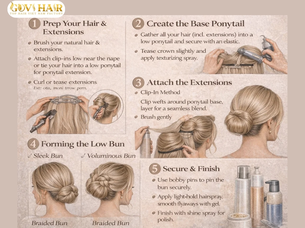 Step-by-step guide showing how to create low bun hairstyles using hair extensions