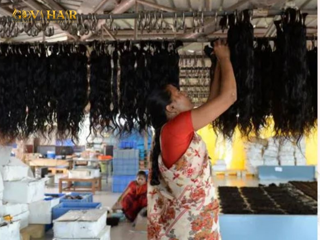 Indian hair production process showing sorting and preparation in factory